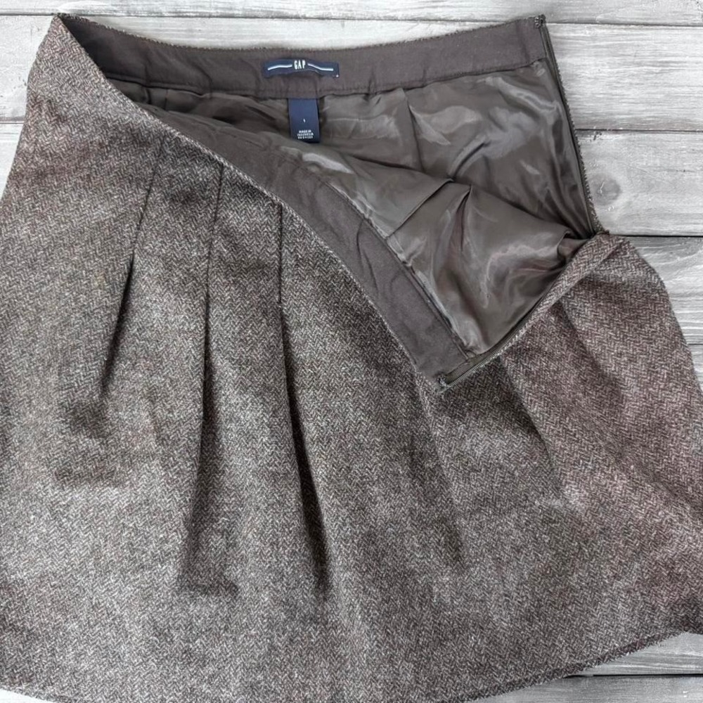 Gap Brown Herringbone 100% Wool Pleated Mini‎ Skirt Size 1 High Waisted Tweed - Picture 4 of 8